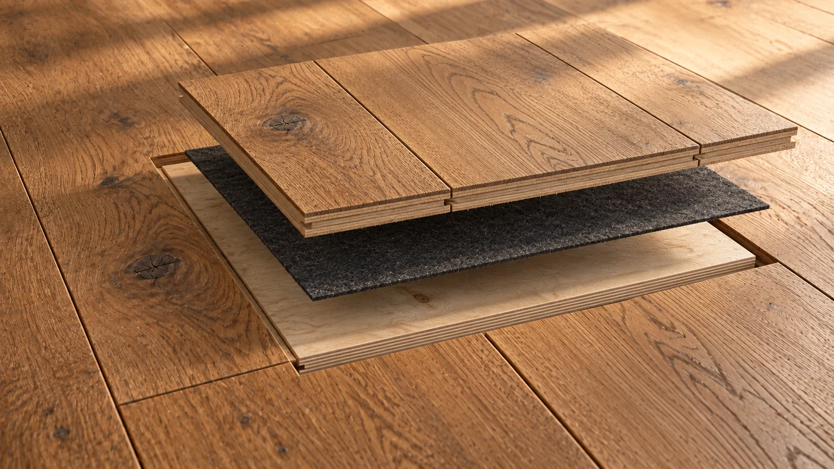 Illustrative oak cutaway showing finished boards, fibrous underlay and a plywood deck above the matching floor.