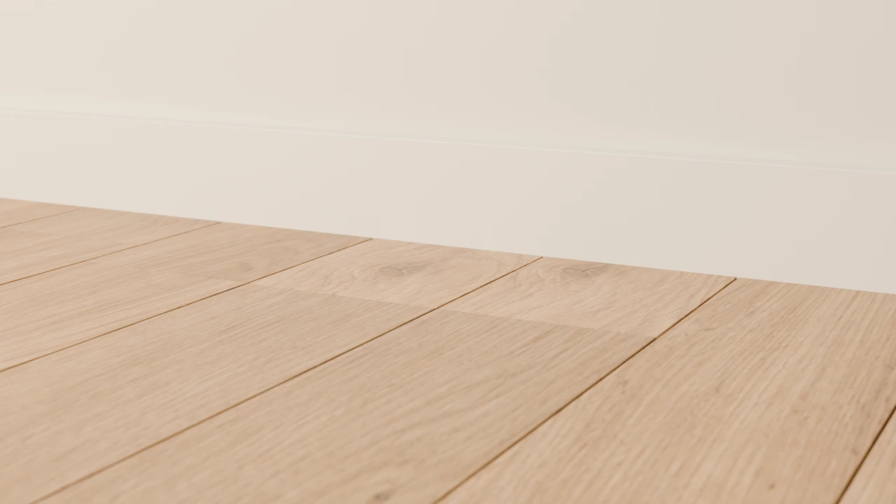 Blender architectural detail of oak flooring meeting a painted skirting board and plaster wall.